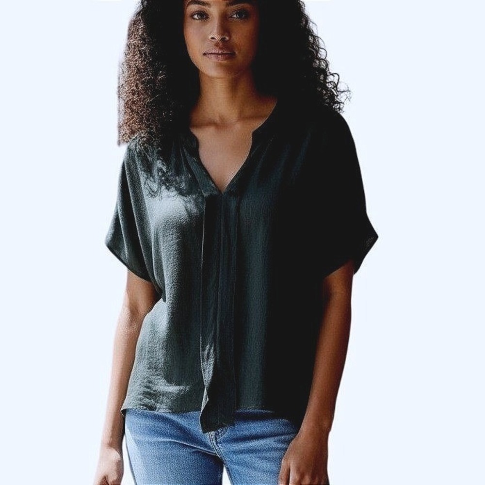 Halogen Womens Black Split V-Neck Short Sleeve Pleat Front Blouse Small